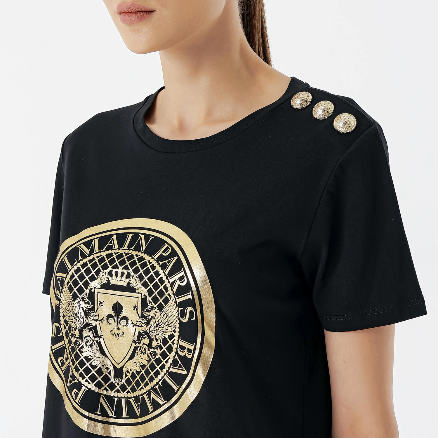 Balmain - Black Cotton Gold Coin Foiled Print With Shoulder Button T-shirt